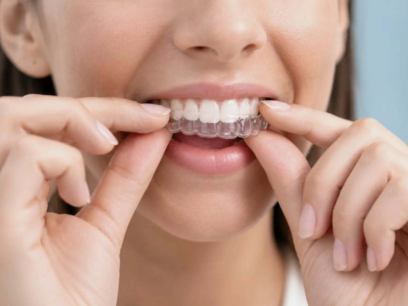 Pessoa encaixando um alinhador transparente nos dentes