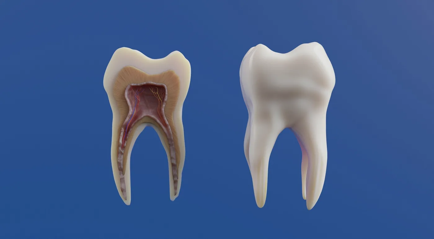 Modelo de dente cortado mostrando a polpa e os canais
