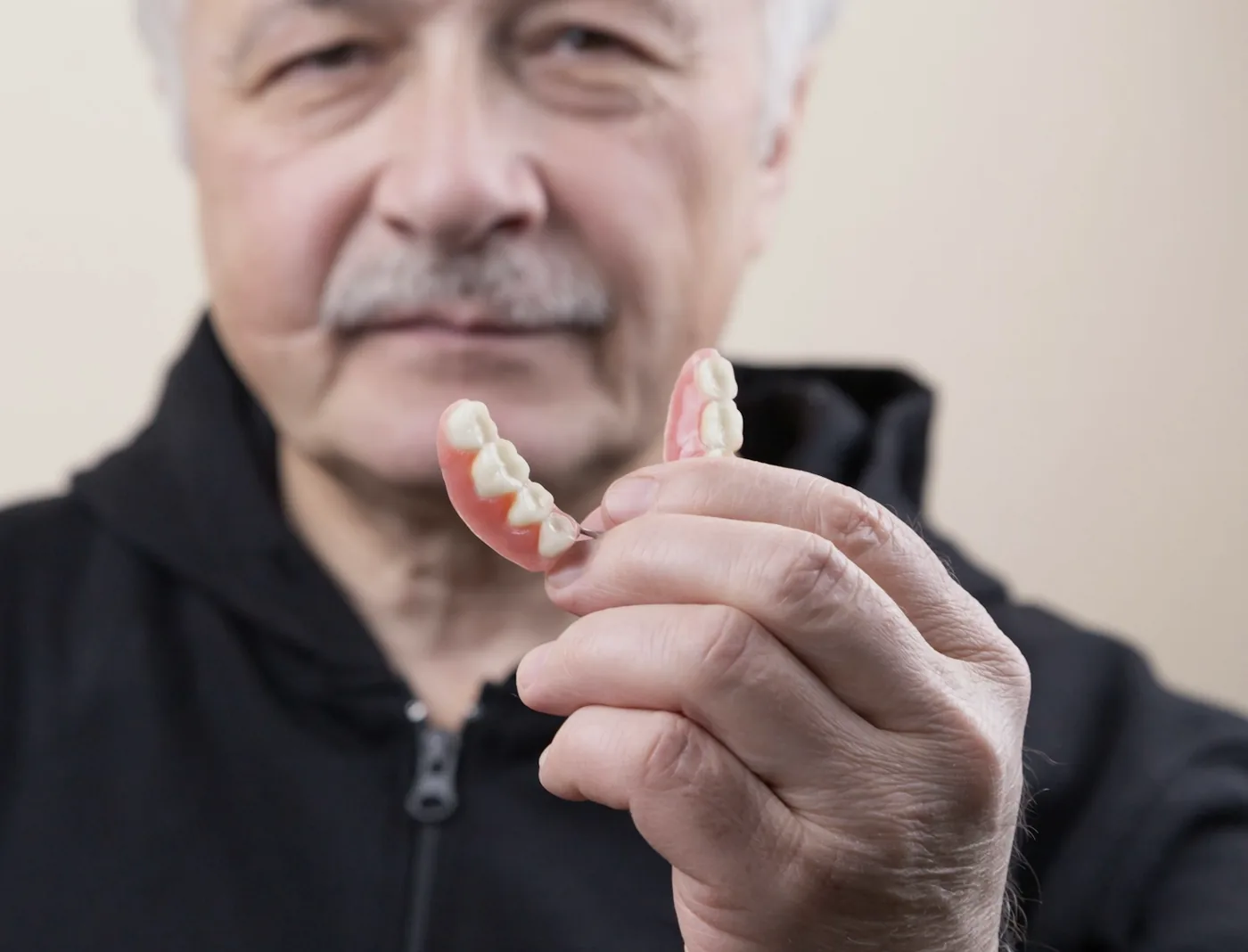 Senhor segurando uma dentadura removível na mão